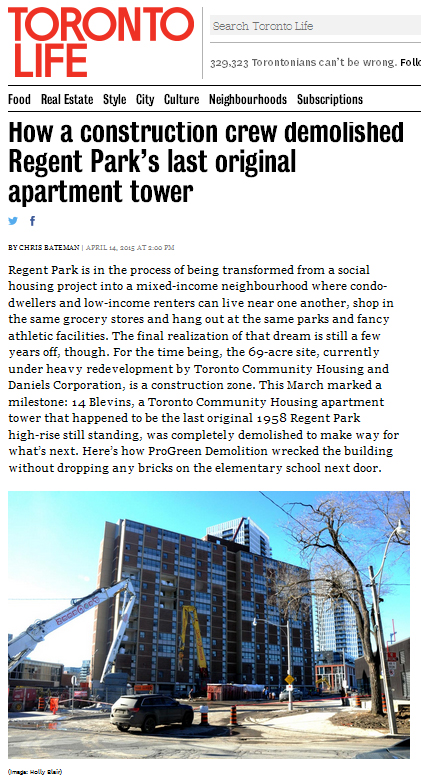 Apartment building in Toronto's Regeant Park neighbourhood about to be demolished because it has reached the end of its life cycle.